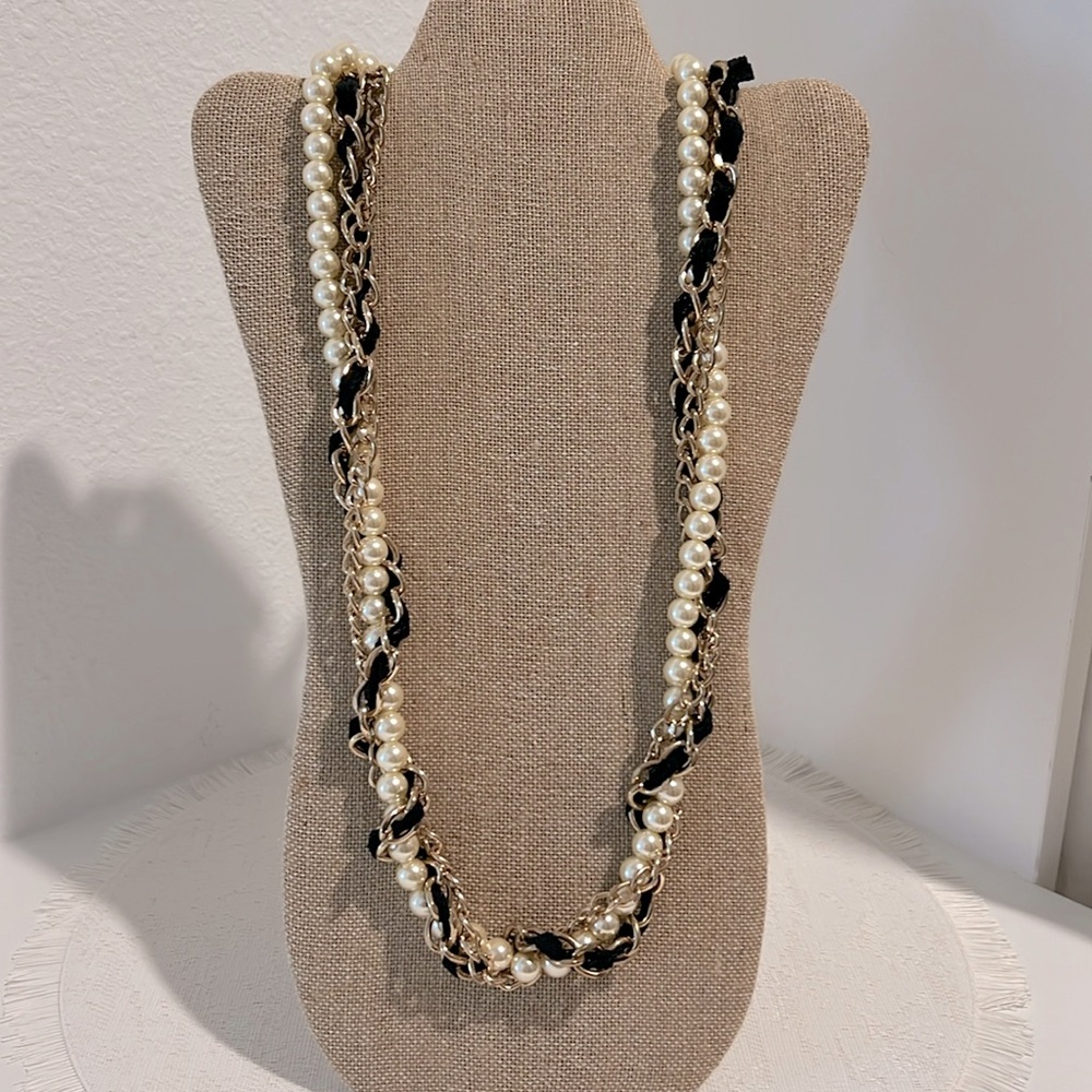 3 strand pearl, black fabric & gold chain necklace
